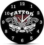 Acrílico Reloj de Pared Tatuaje Logotipo Reloj de Pared Amor Y Muerte Rosa Y Pistolas de Tatuaje...