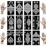 Kunoli Kit de 12 hojas de plantillas de tatuaje de henna, plantilla temporal de tatuaje de...